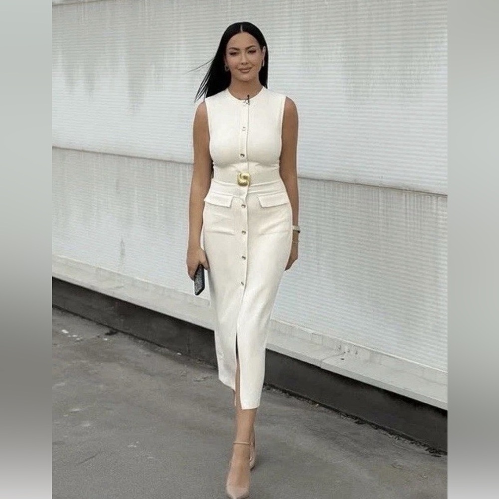 Zara NWT Elegant Cream Sleeveless Belted Midi Dress with Gold Details (Medium) - Picture 2 of 16